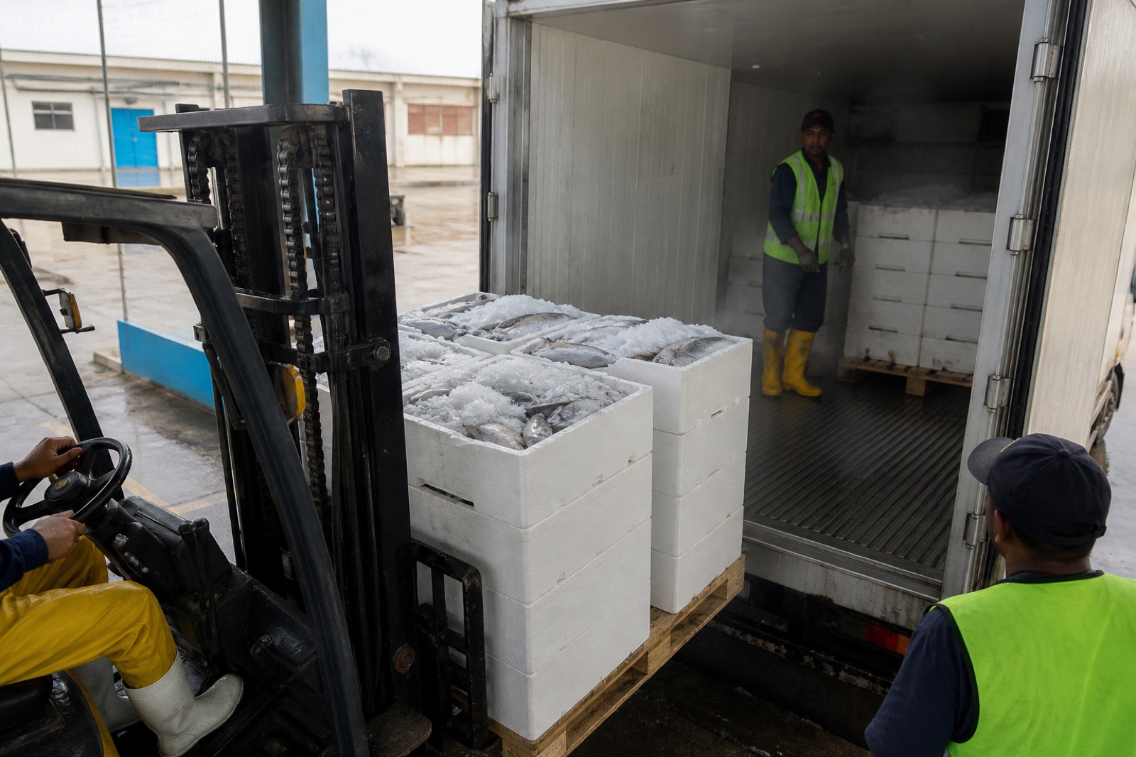 Iced fish boxes at the dock